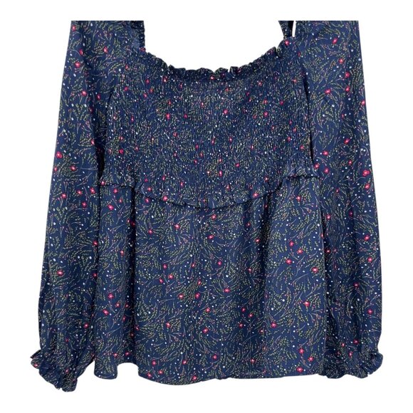 Umgee Womens Floral Print Smocked Front Peasant Top Blouse Navy & Pink SZ M - Picture 9 of 9